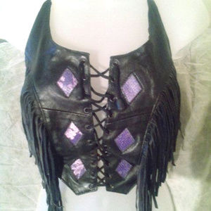 Halter top, leather, black, fringe, biker chic